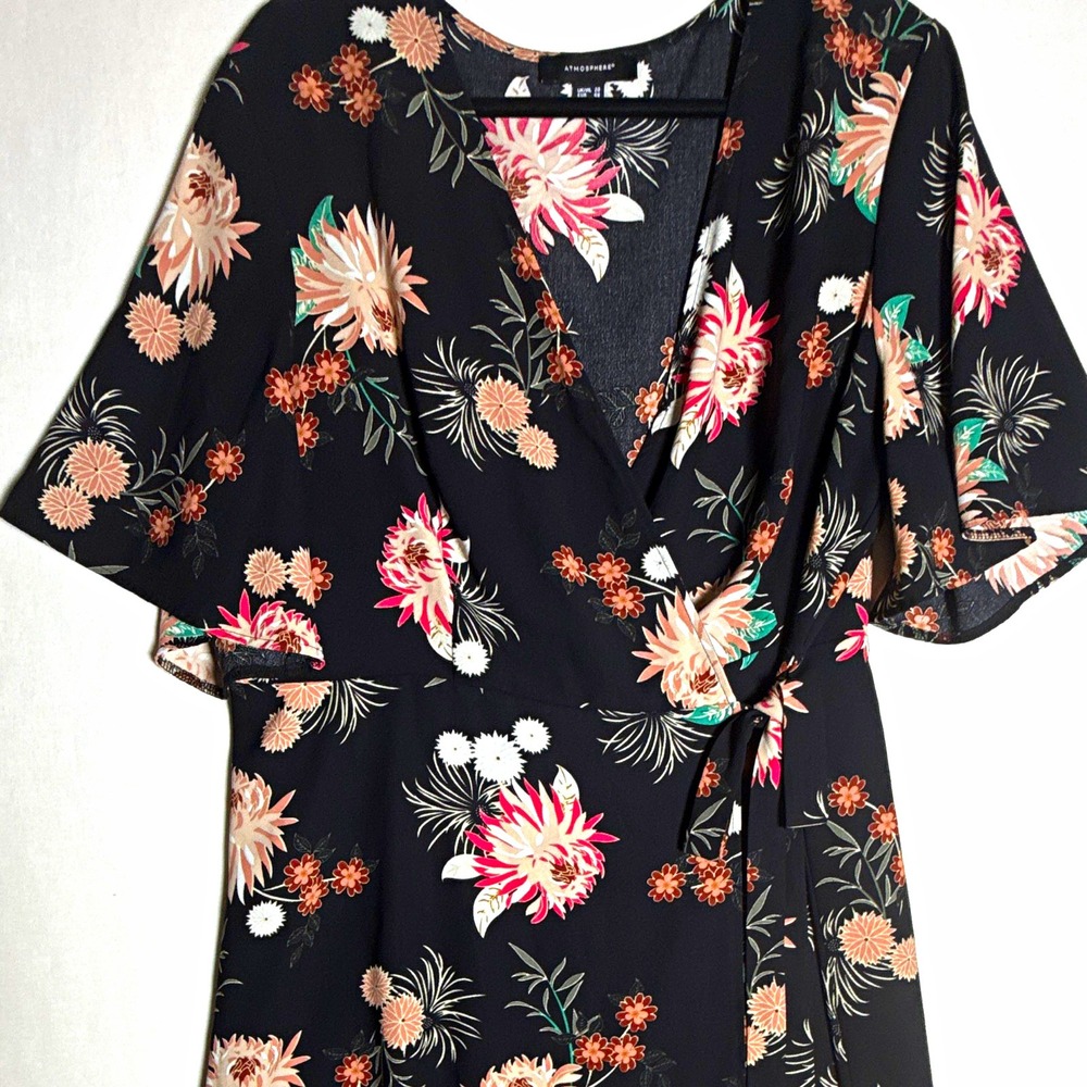 Atmosphere Floral V-Neck Wrap Dress Flutter Sleeve Black Pink Midi US 16 UK 20